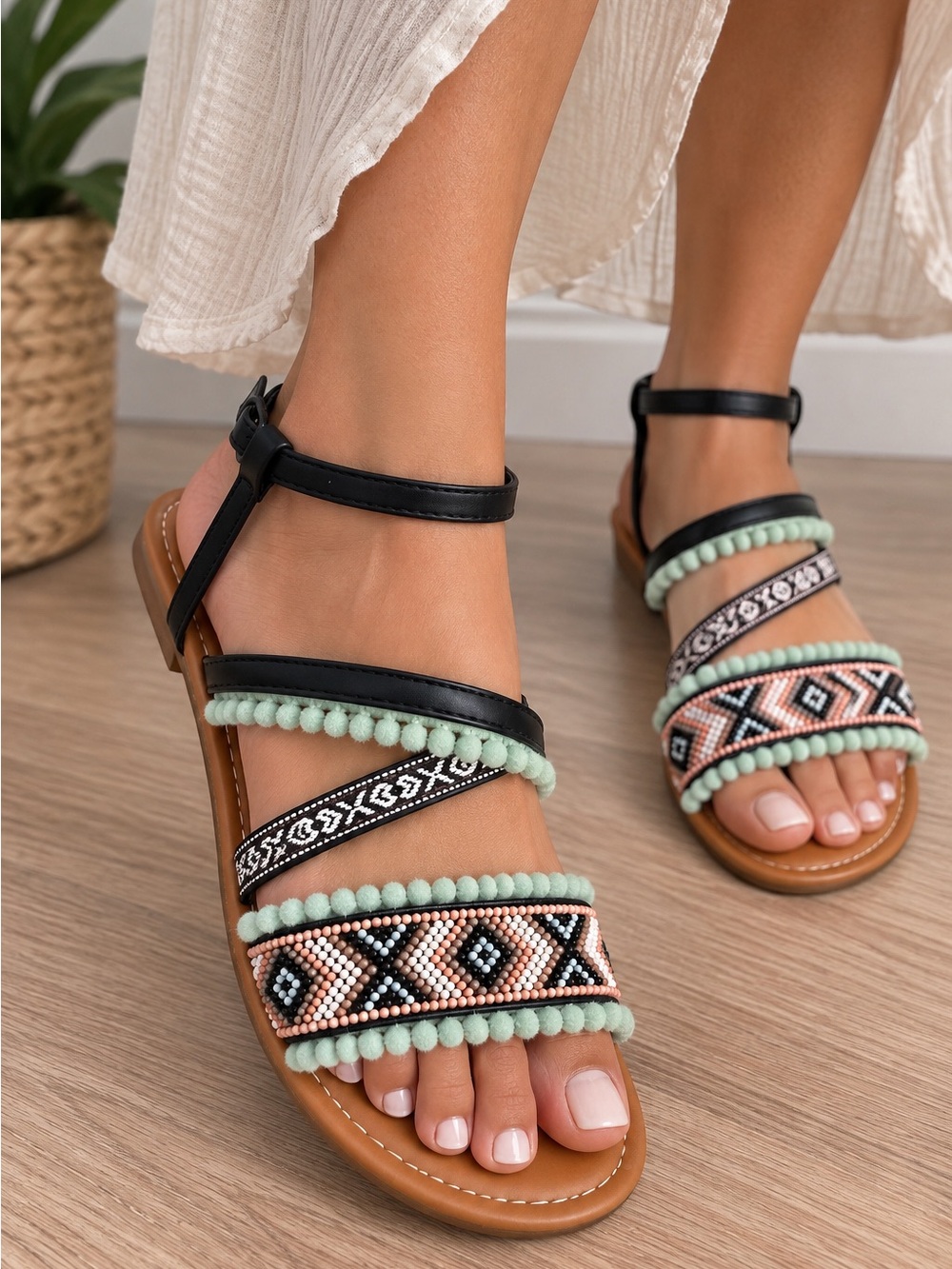 Olivia Miller Handcrafted Beaded Mint and Black Women's Strappy Sandals boho 9